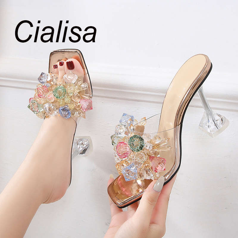 Cialisa Custom PVC Large Size 46 Women Shoes Transparent Crystal Flower Sandals 10cm Clear High Heel Slippers