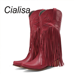 Cialisa New Fall Winter Pink Cowgirl Tassel Boots Women Shoes 5cm Block Mid Heels Green Midcalf Western Boot