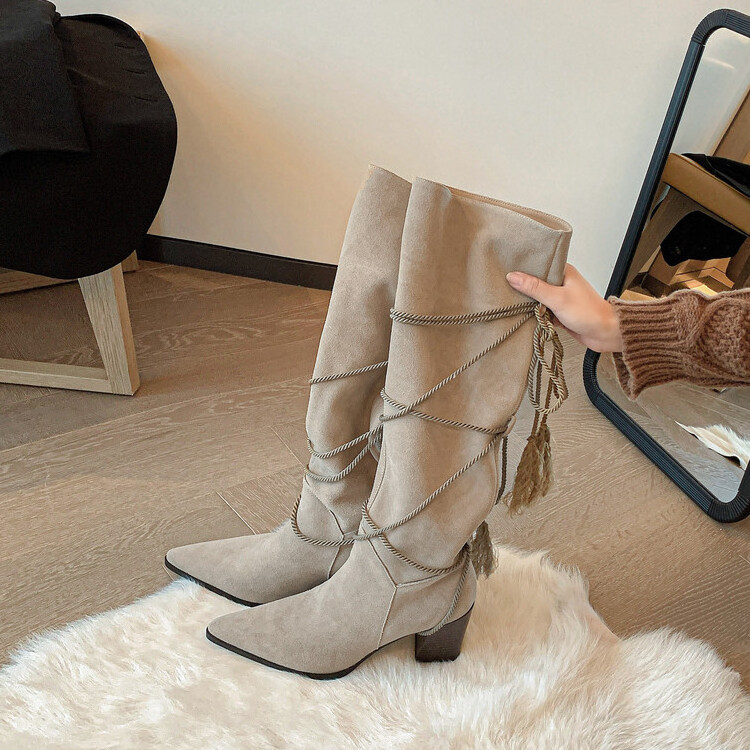 Cialisa Khaki Suede Genuine Leather Autumn Winter Women Shoes Fashion Block High Heels Western Long Knee-High Boots