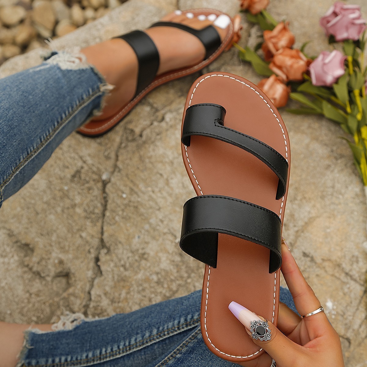 Women's Slippers 2023 Summer New Solid Round Toe Pullover Sandals Wear Casual Flat Sandals Outside