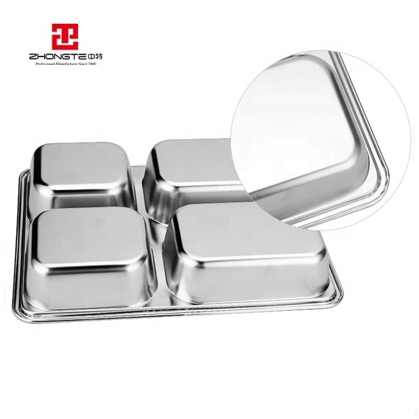 Stainless steel  metal food tray Mess Tray Food Serving Dish Food Grade Stainless Steel 4 Compartment School Lunch Tray