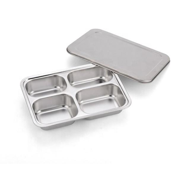 Stainless steel  metal food tray Mess Tray Food Serving Dish Food Grade Stainless Steel 4 Compartment School Lunch Tray