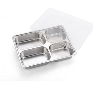 Stainless steel  metal food tray Mess Tray Food Serving Dish Food Grade Stainless Steel 4 Compartment School Lunch Tray