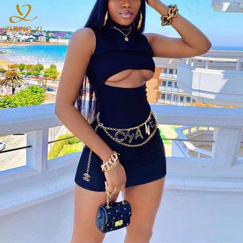 Custom 2024 New Summer High Neck Sleeveless Hollow Solid Color Hip Wrap Nightclub Party Women's Clothing Sexy Club Short Dress