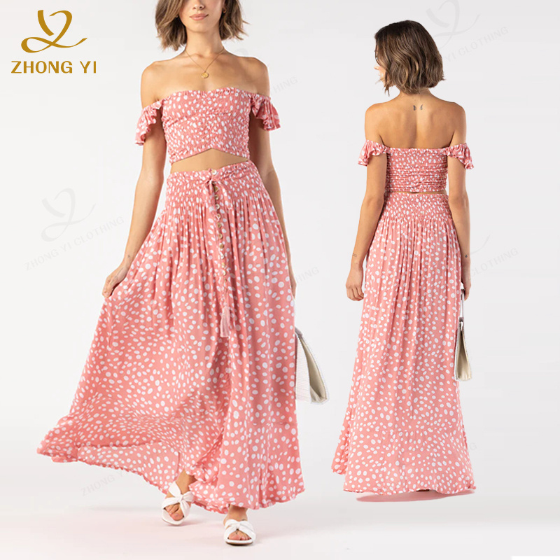 Custom 2 Piece Women Floral Crop Top and Skirt Set 100% Rayon Apparel Design Services Summer sexy Two Piece Casual Maxi Dress