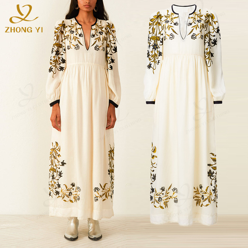 Clothing Manufacturers Custom Cotton Tencel Print Motif Prairie Long Sleeve V Neck Women Elegant Casual Maxi Bohemian Dresses