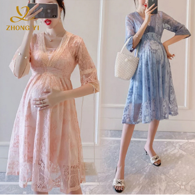 Custom Summer Fashion Mom Pregnancy Skirt New Lace Stitching Sweet Wind Chiffon Anti Radiation Casual Sexy Maternity Dresses