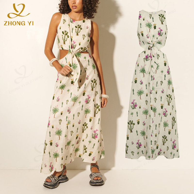 Clothing Manufacturers Custom Long Cotton Linen Chiffon Fabric Print Ditsy Floral Design Waist Hollowing Women Casual Maxi Dress