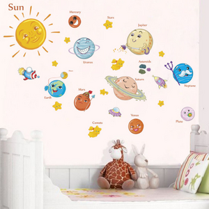 Solar System Cartoon wall stickers for kids rooms Stars outer space planets Earth Sun