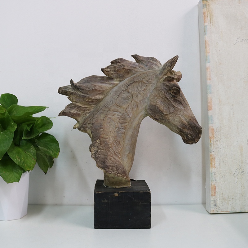 Faux Horse Head with Base Crafts Home Decorations Resin Horse Art Sculpture Personalized Resin Antique Wood Europe Animal Modern