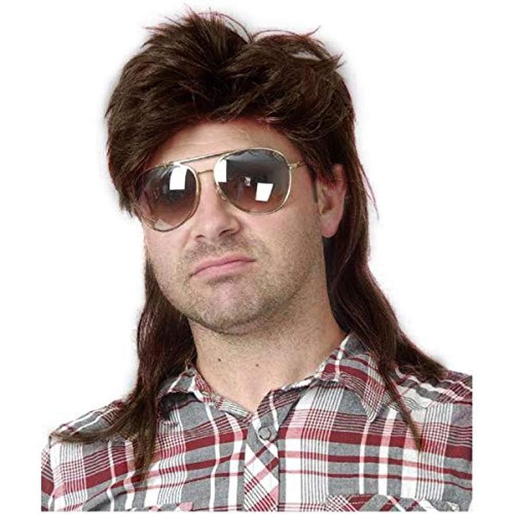 100% Human Hair Men's black mullet wig 80's long rock wig cosplay Halloween costume wig