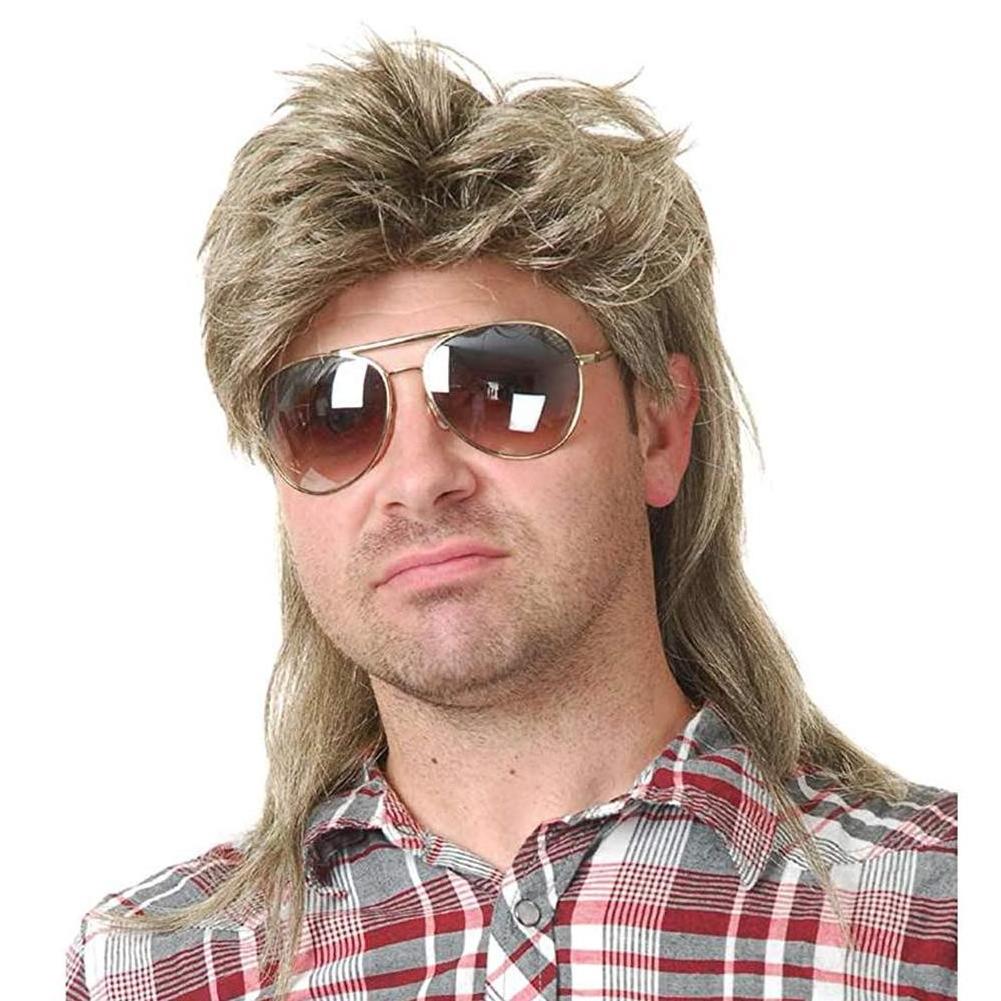 100% Human Hair Men's black mullet wig 80's long rock wig cosplay Halloween costume wig