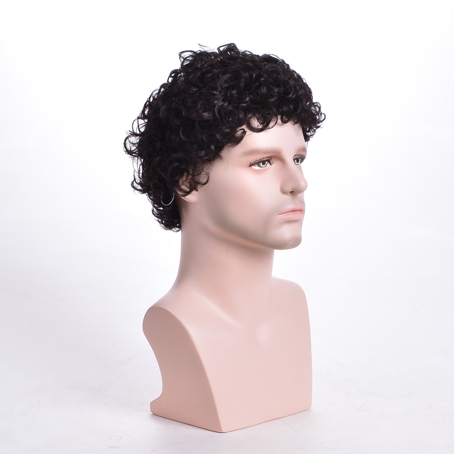 Factory supplies European and American men's wig natural color small curly short hair headbands machine made synthetic wigs