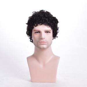 Factory supplies New European and American men's wig natural color small curly short hair headbands machine made synthetic wigs