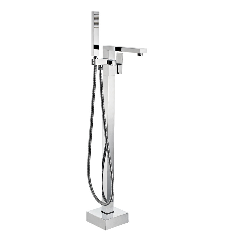 Brass Chrome Plated Single Lever Square Surface Floor Mounted Bathtub Faucet With Brass Hand Shower