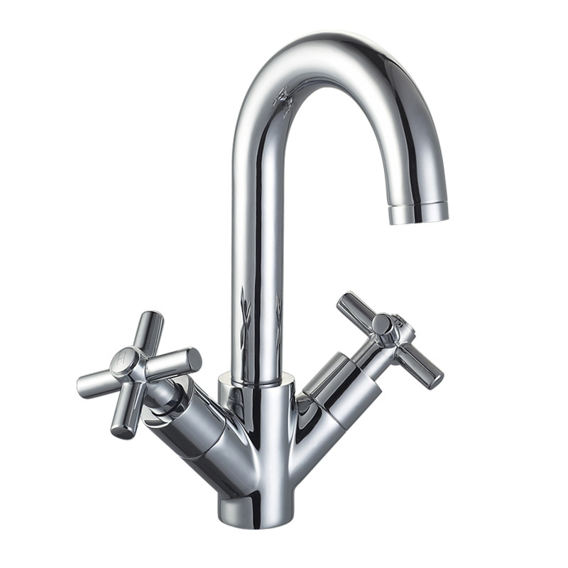 High Gooseneck Neck Brass Spout Dual Cross Zinc Handle Swiveling Spout Kitchen Faucet