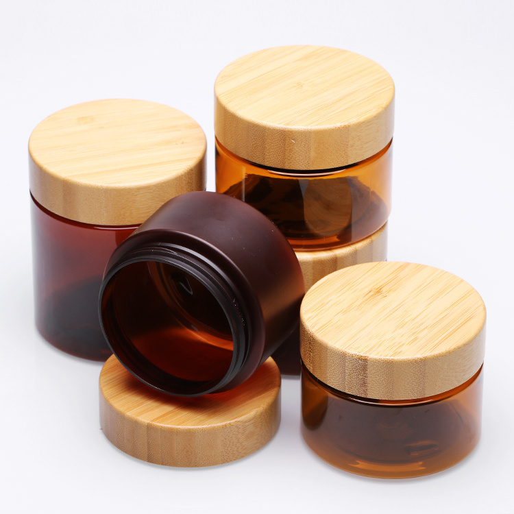 ZHUOJIN 250g Wooden Bamboo Packaging Covers Empty Pot Cosmetic PET Jars Manufacturer PET Jar with Bamboo Lid Plastic Customized