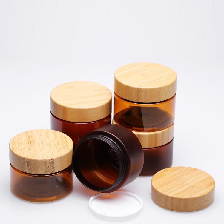 ZHUOJIN 250g Wooden Bamboo Packaging Covers Empty Pot Cosmetic PET Jars Manufacturer PET Jar with Bamboo Lid Plastic Customized