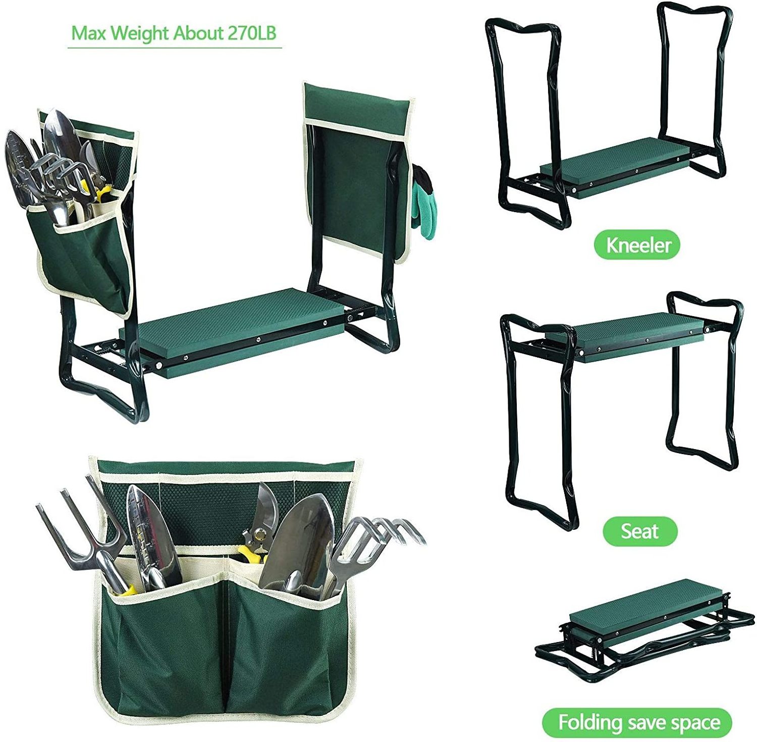 Garden Kneeler and Seat Foldable Garden Bench Stool with Soft Kneeling Pad  6 Garden Tools Pouches