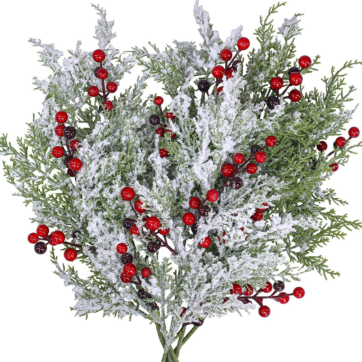 Snowy Artificial Cedar Picks with Red Berries Frosted Faux Cedar Sprays Christmas Cedar Greenery Branches Stems