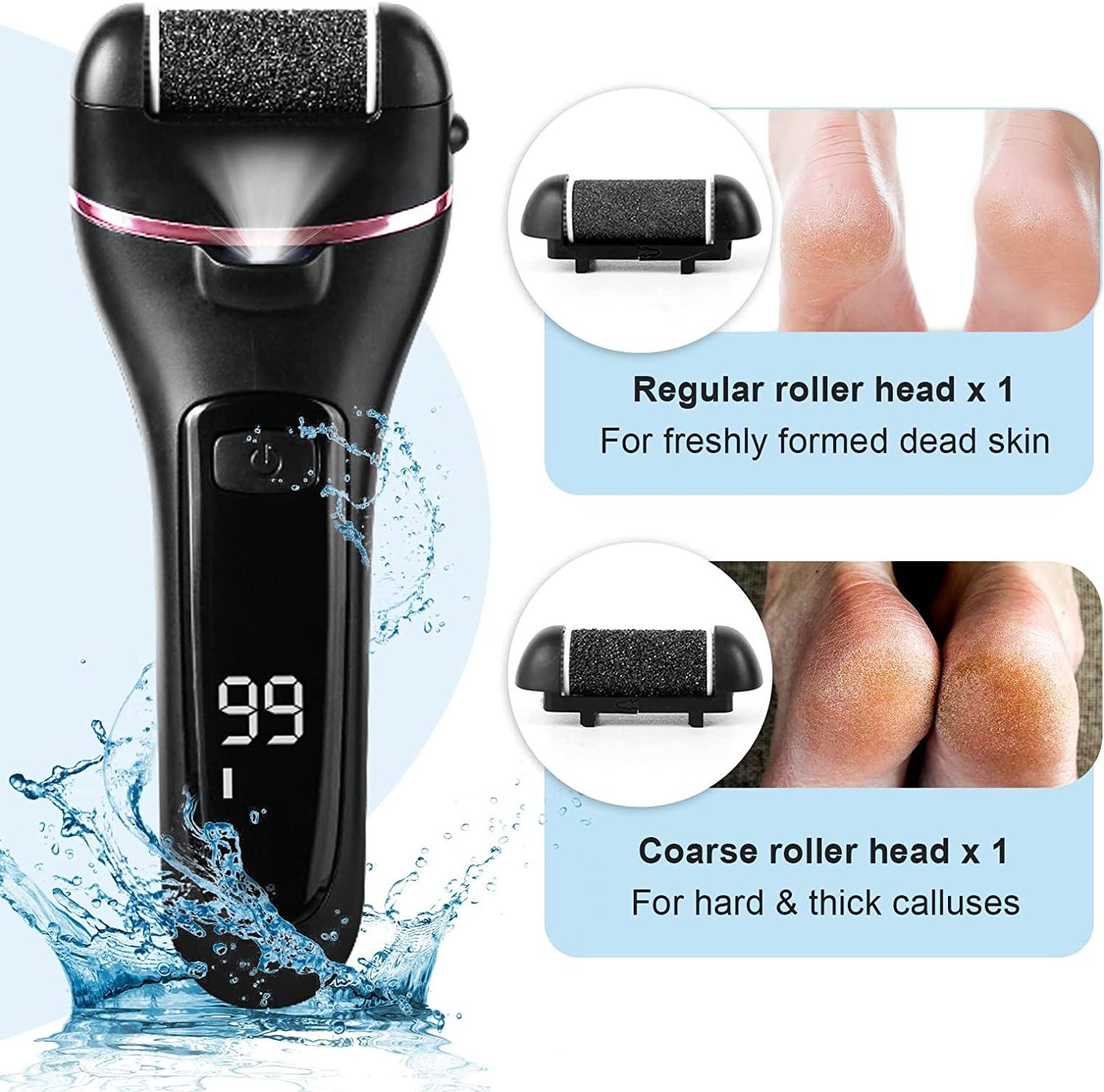 Electric Foot File Rechargeable Hard Skin Remover with 3 Rollers Waterproof Callus Remover grinder Feet Care Kit