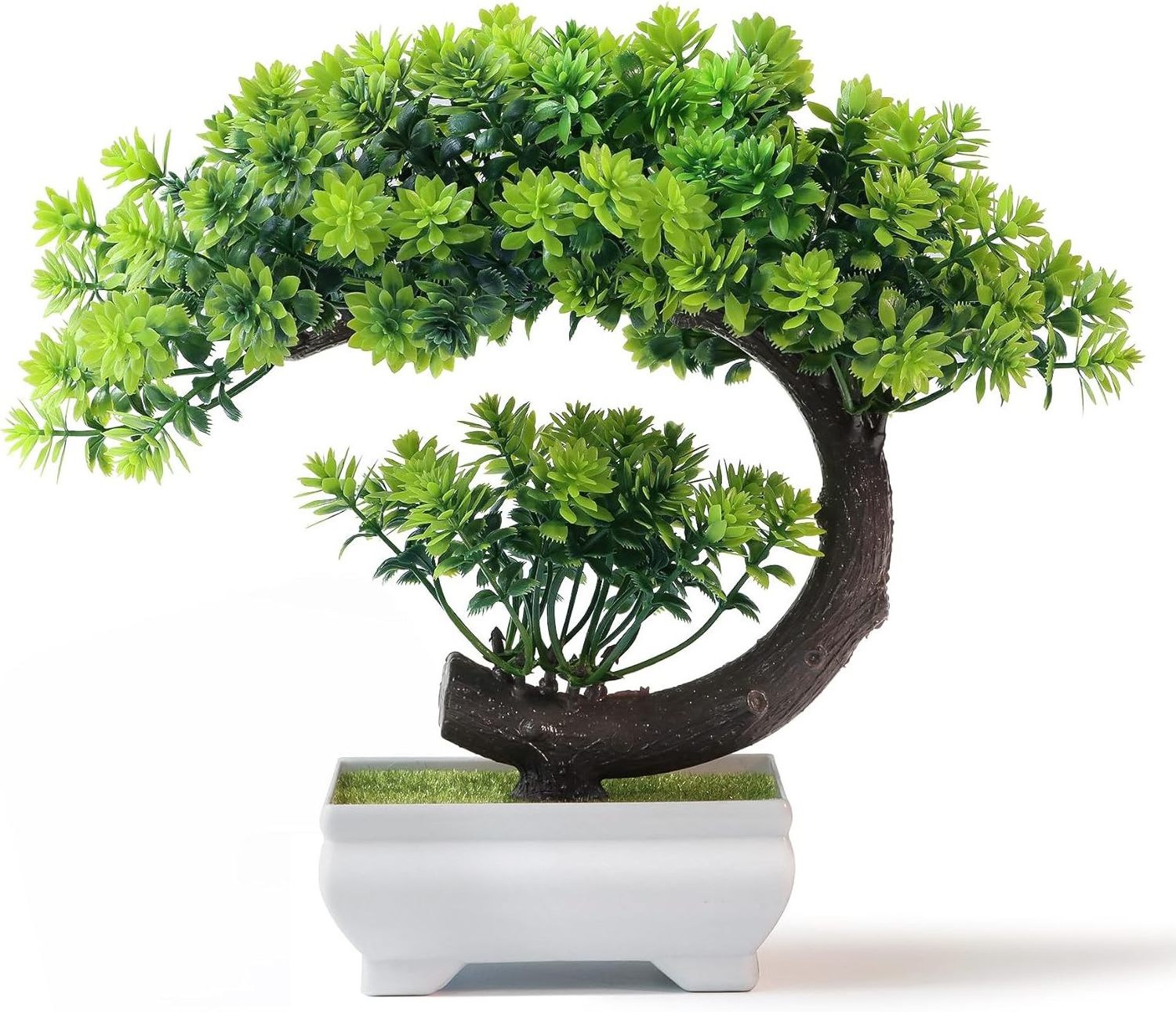 Small Faux Plants - Plastic Artificial Bonsai Tree Emerald Green Decor for Home Bedroom Wall Shelf Office Desk