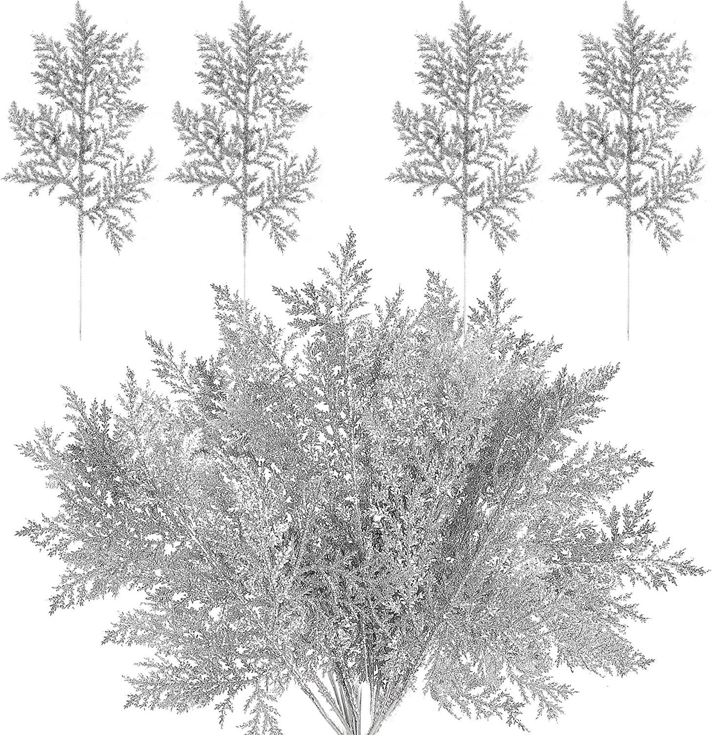 Silver Christmas Glitter Artificial Pine Needles Faux Floral Twig Picks Pine Stem Faux Christmas Tree Branches