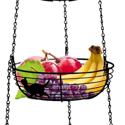 3 Tier Hanging Basket Organizer Kitchen Storage with 2 Metal Ceiling Hooks, Detachable Round Wire Fruit Basket