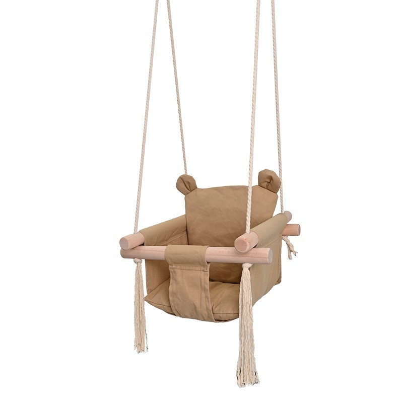 Hot Wooden Baby Swing Chair Canvas Hanging Swing Seat with Cushion Indoor Durable Swing for Infant