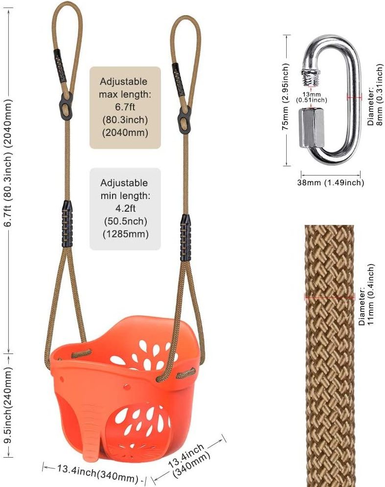 Cute Toddler Swing Seat, High Back Full Bucket Swing Seat with Adjustable Rope, Heavy Duty Infant Toddler Swing Attachment Set