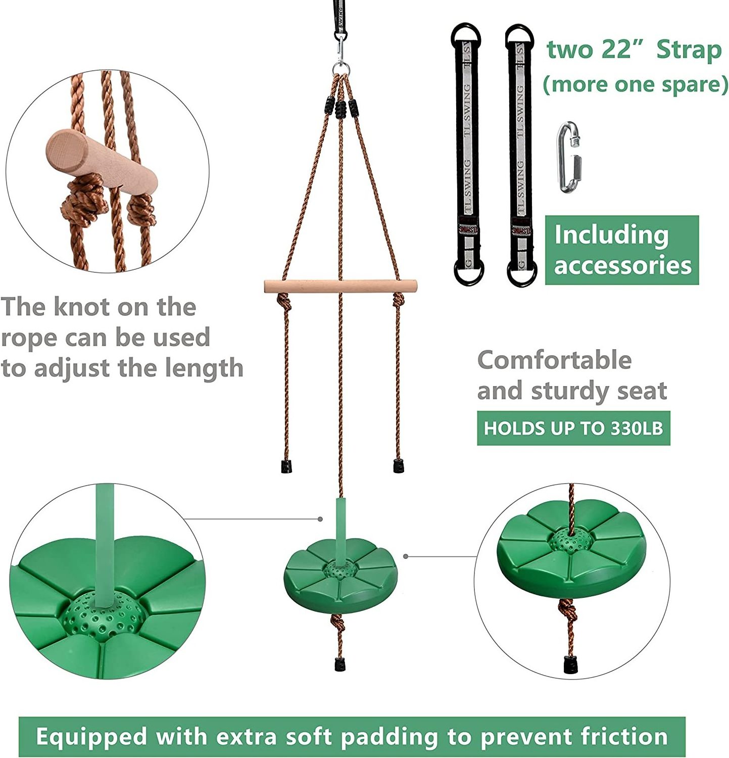 Disc Swing for Kids with Monkey Bars, Replacement Swing for Swing Set Disk Swing Seat Pro with 5ft Adjustable Rope, Carabiner