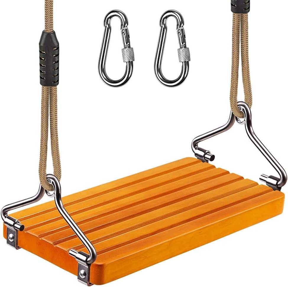 Wooden Swing, Hanging Wooden Tree Swing Seat with Length Adjustable Nylon Rope and Stainless Steel Snap Hook Swing Set for Adult