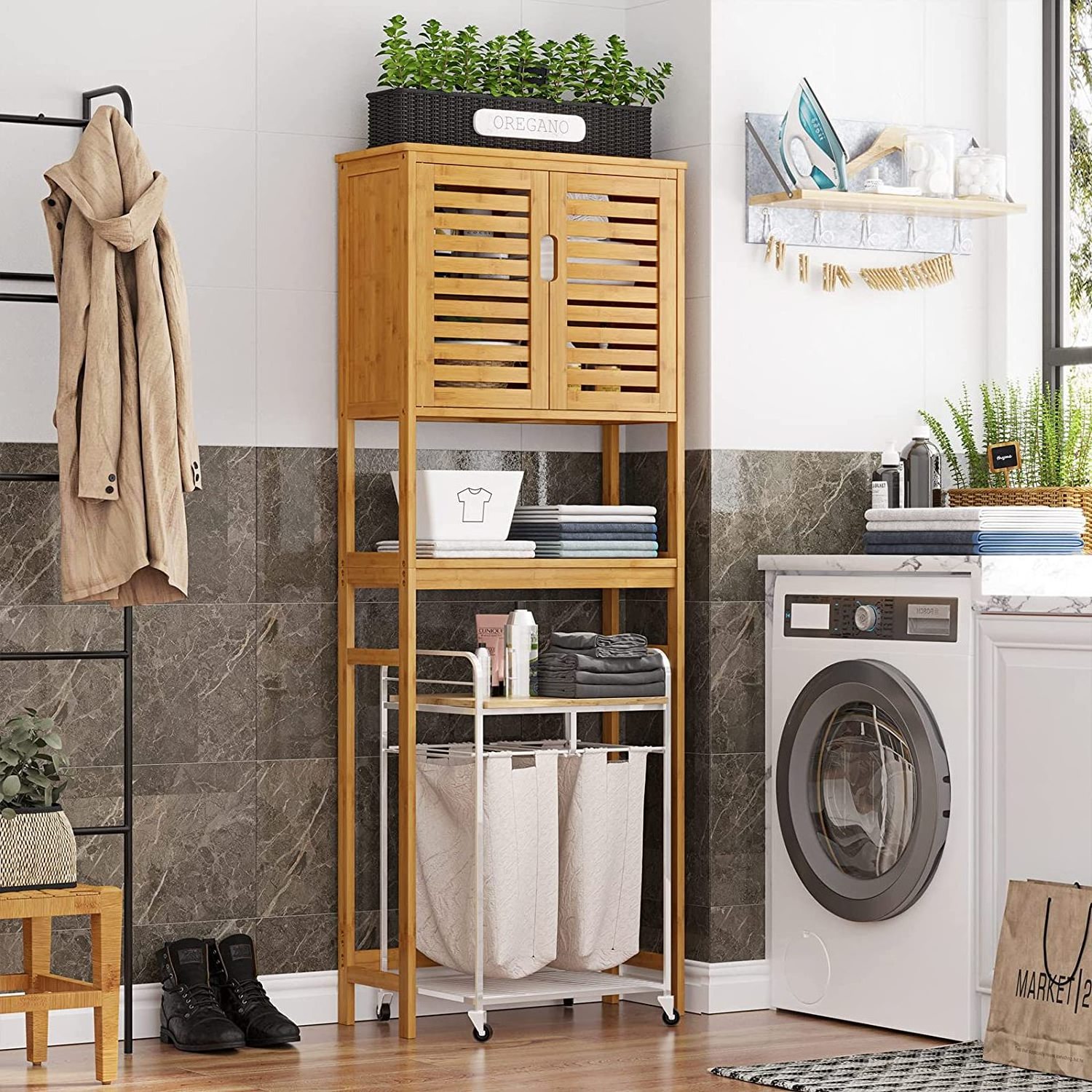 Over The Toilet Storage Cabinet Tall Bathroom Cabinet Organizer with Cupboard and Adjustable Shelves