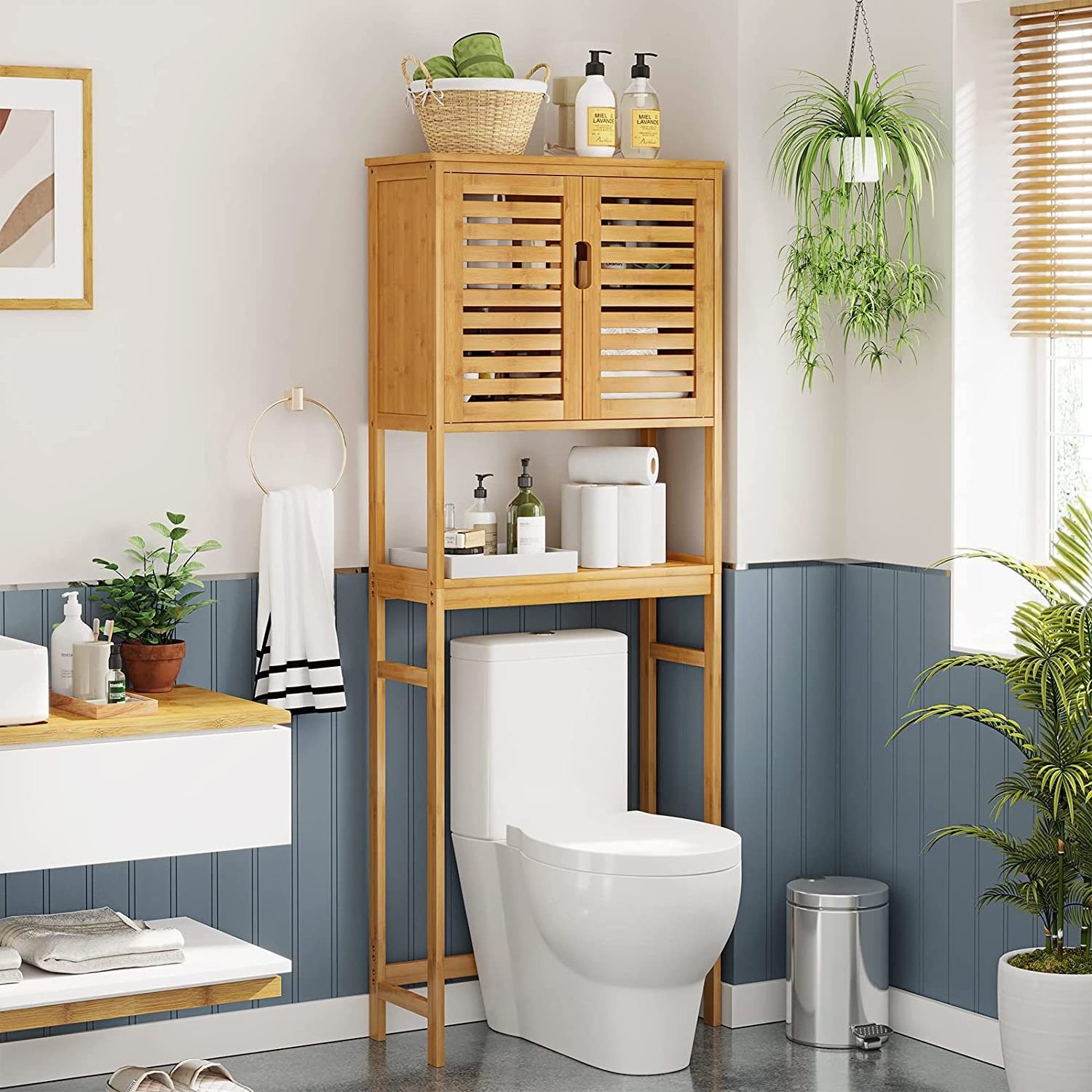 Over The Toilet Storage Cabinet Tall Bathroom Cabinet Organizer with Cupboard and Adjustable Shelves