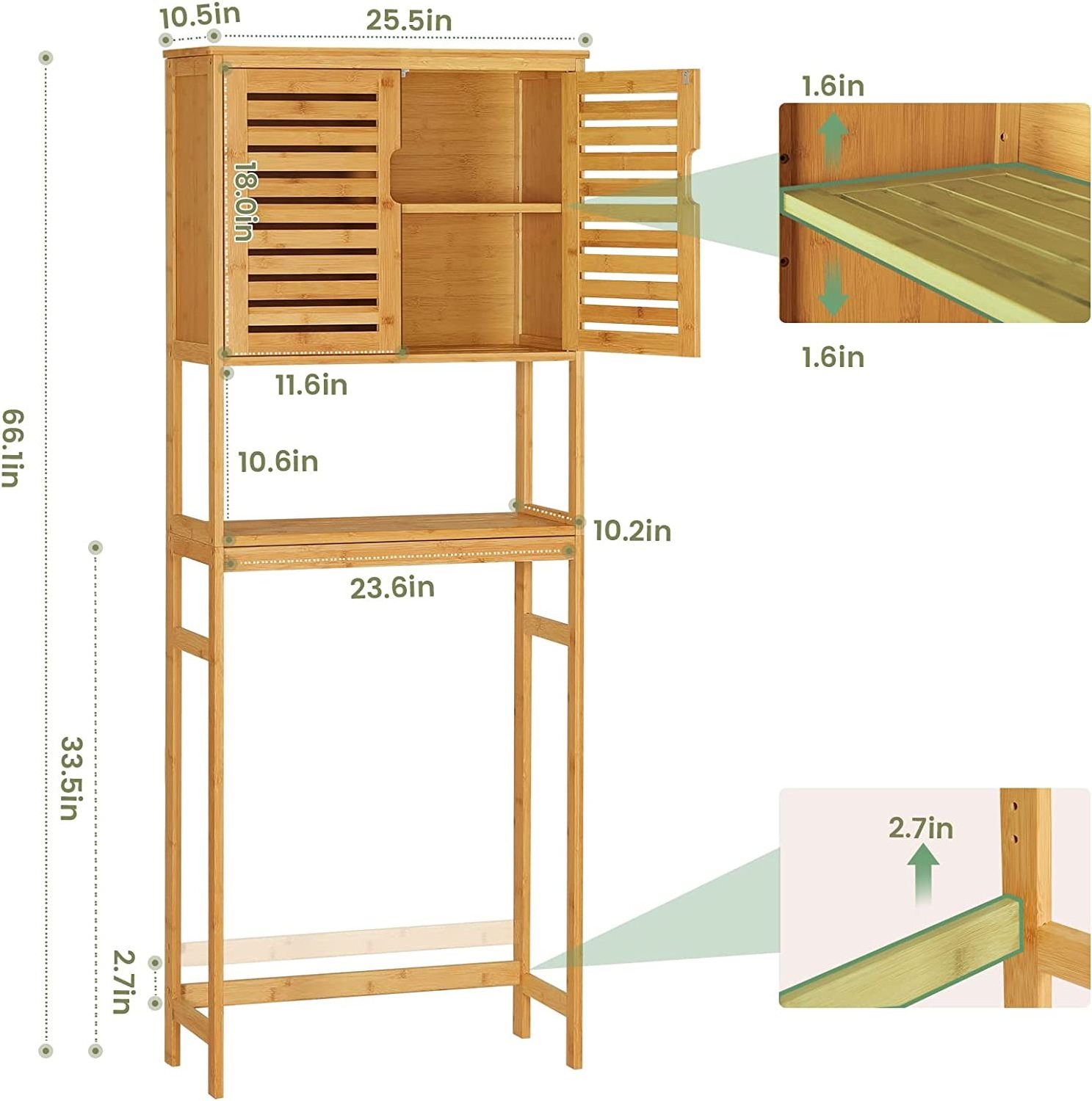 Over The Toilet Storage Cabinet Tall Bathroom Cabinet Organizer with Cupboard and Adjustable Shelves