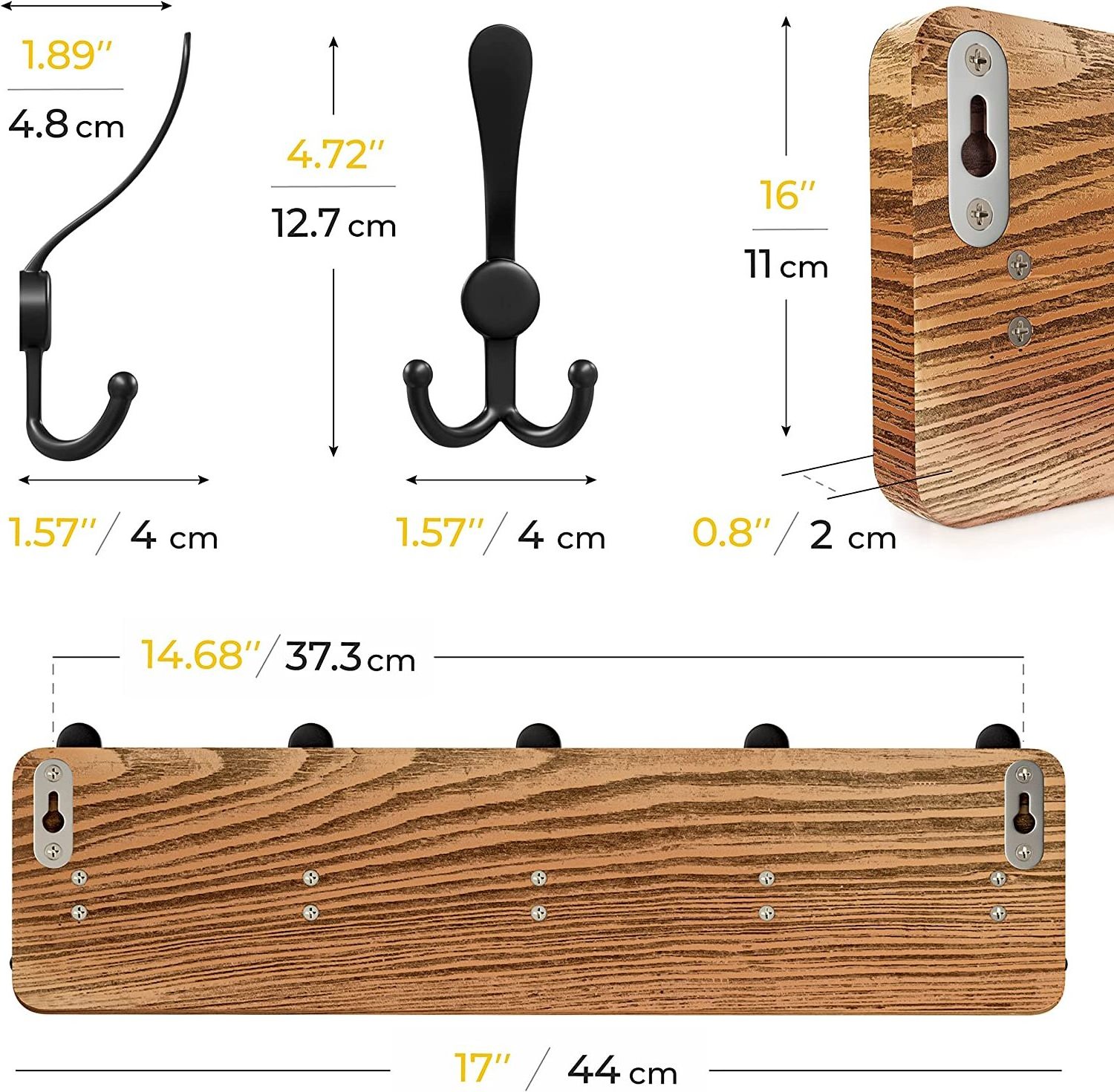 Rustic Coat Rack Wall Mount with 5 Tri Hooks for Hanging  17 Inch Heavy Duty Solid Pine Real Wood  Wall Hooks Rack