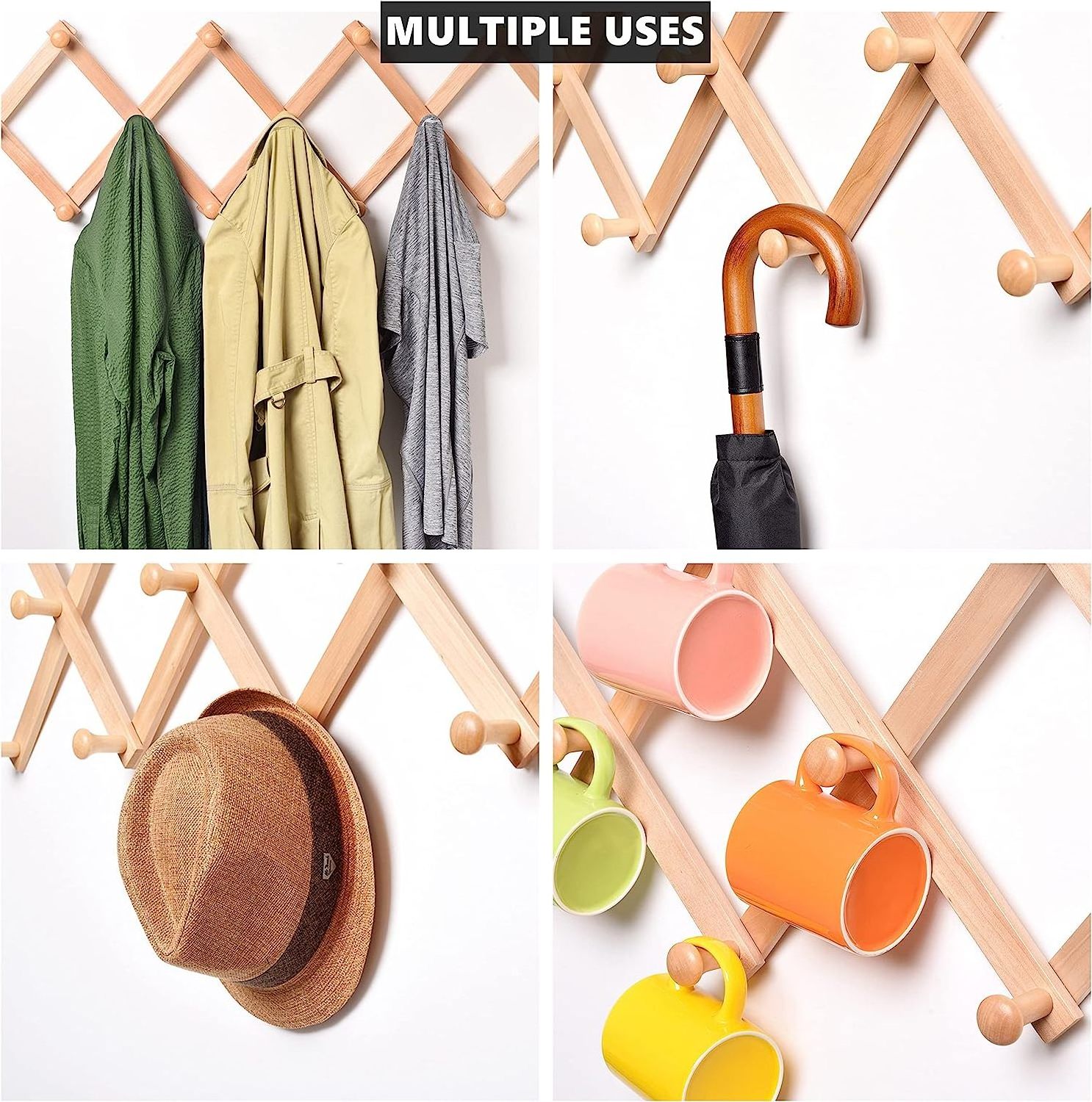 Home Wood Accordion Wall Rack 17 Hooks (Pegs) Expandable Wall Mounted Hanger for Coat Hat Scarf Coffee Mugs X Shape Coat Hooks