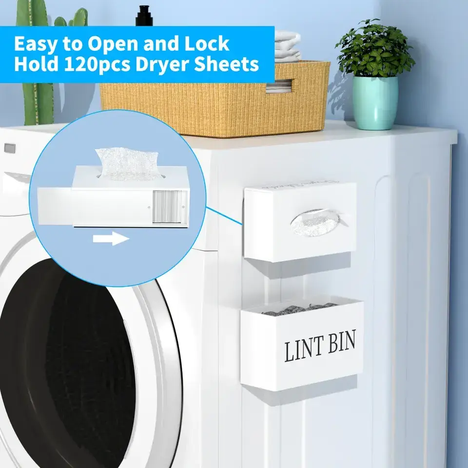 Magnetic Lint Bin for Laundry Room Wall Mounted Dryer Sheet Holder Dispenser with Lid