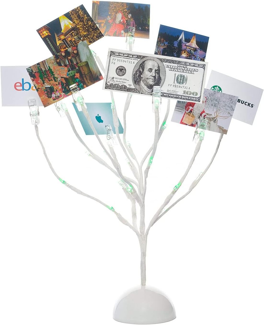 Tree Gift Card Holder with 10 Clips and 25 LED Light Up Lights Present Card Picture Display Tree Table Stand Creative Gift