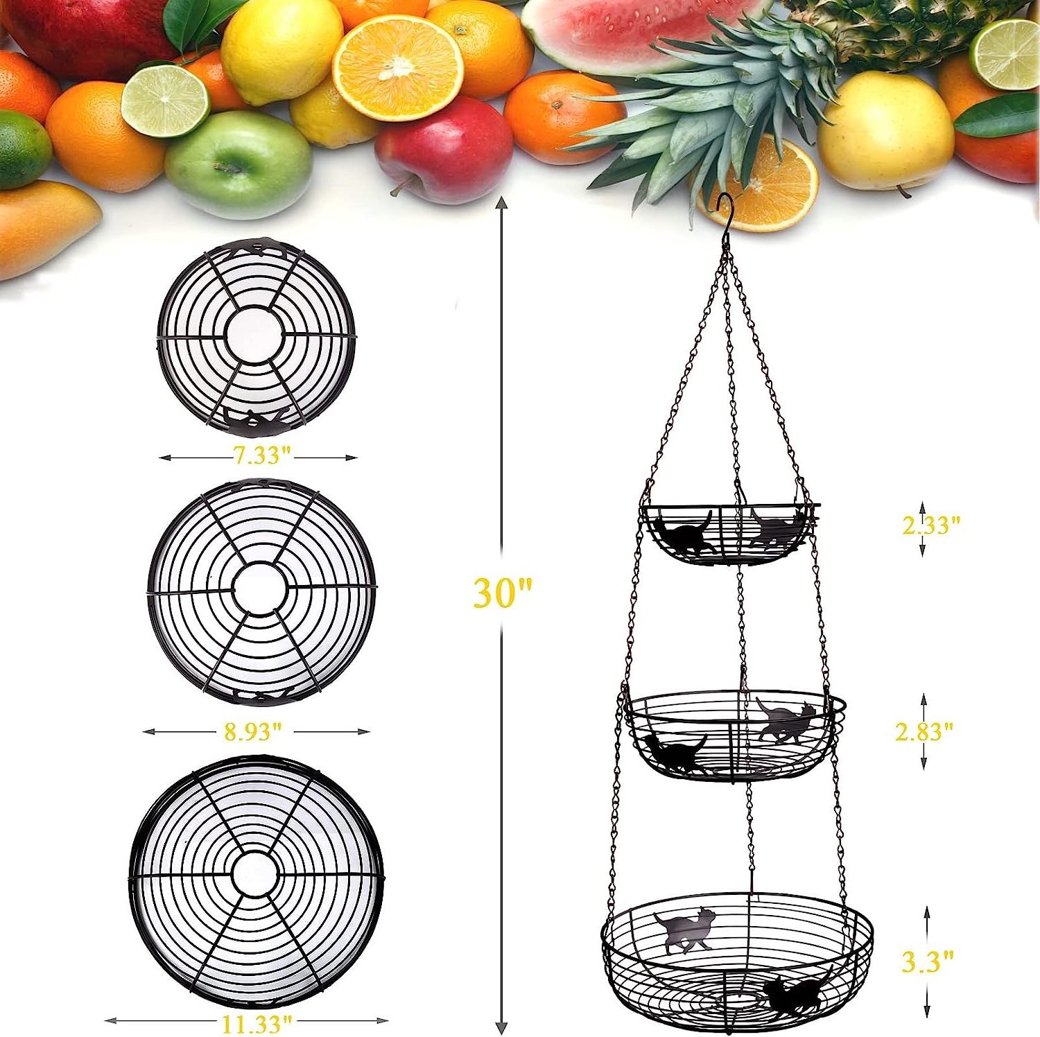 3 Tier Hanging Basket Organizer Kitchen Storage with 2 Metal Ceiling Hooks, Detachable Round Wire Fruit Basket