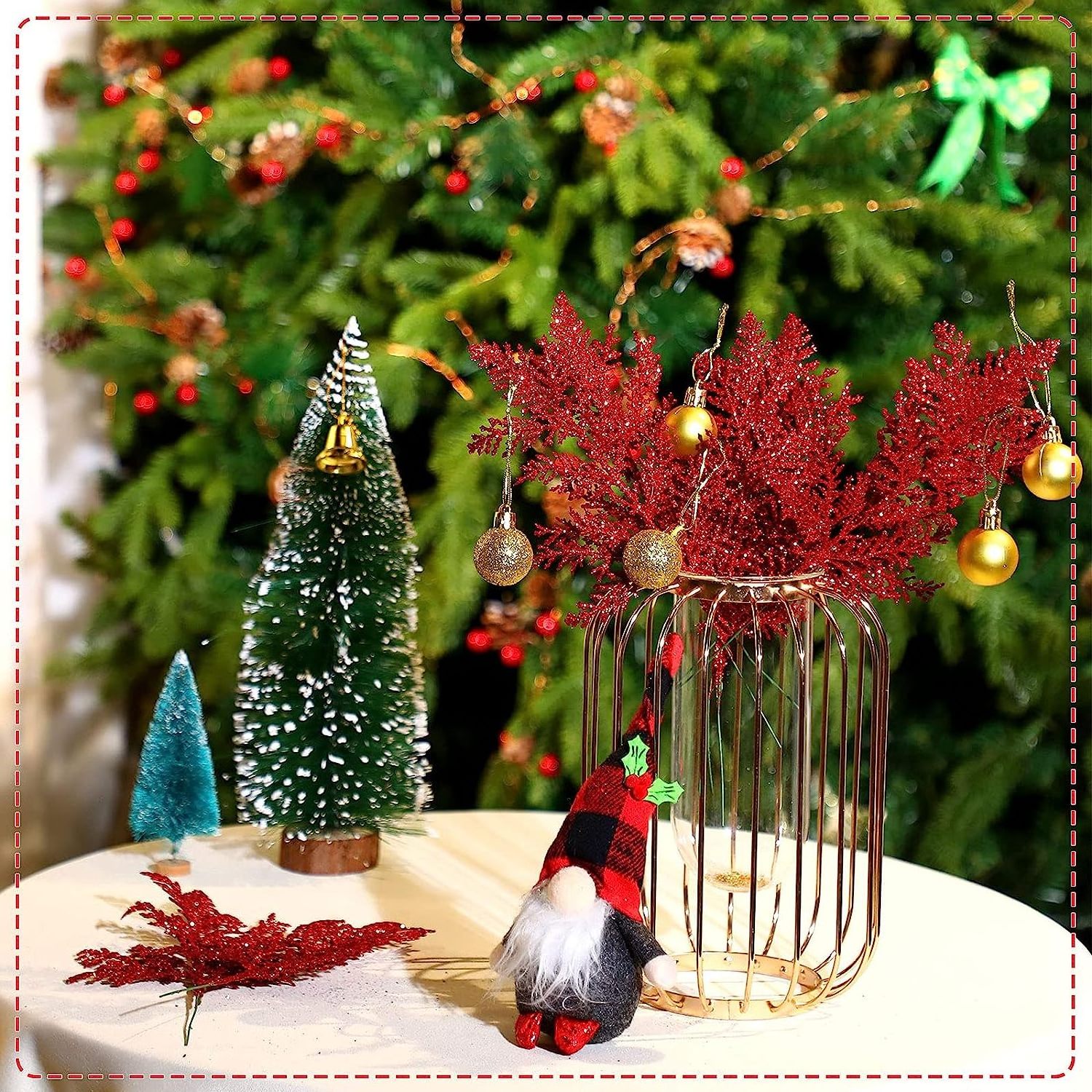 Red Artificial Pine Needles Christmas Floral Picks Branches Glitter  Floral Twig Picks for Flower Greenery Arrangements Tree