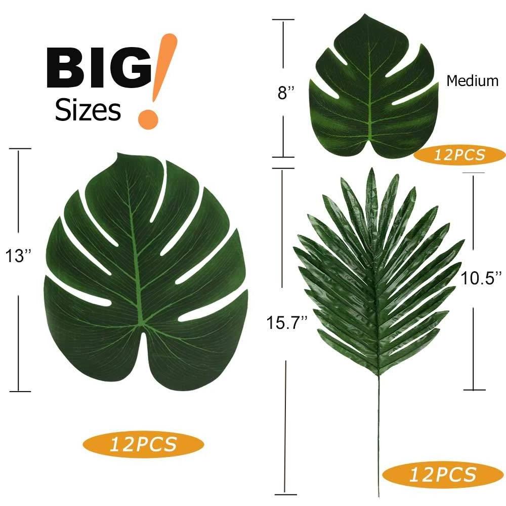 36 Pcs 3 Kinds Artificial Palm Leaves Tropical Plant Faux Leaves Safari Leaves Hawaiian Luau Party Suppliers Decorations