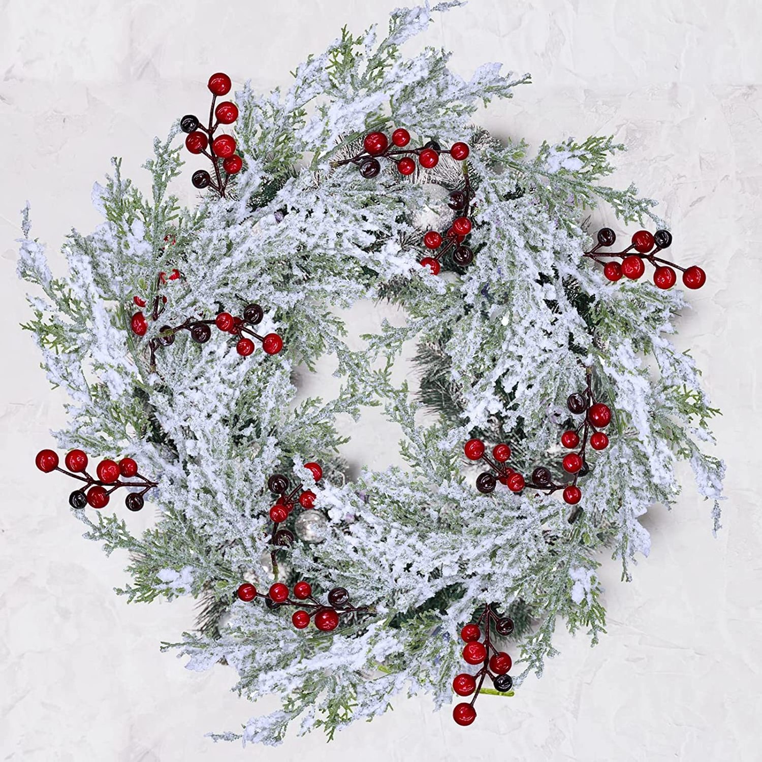 Snowy Artificial Cedar Picks with Red Berries Frosted Faux Cedar Sprays Christmas Cedar Greenery Branches Stems