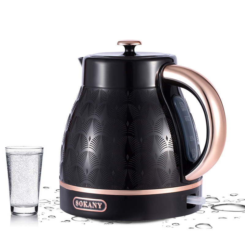 2000w High Power Thickened Material Double-layer Auto Off Fish Print Black Retro Cheap Stainless Steel Electric Kettle