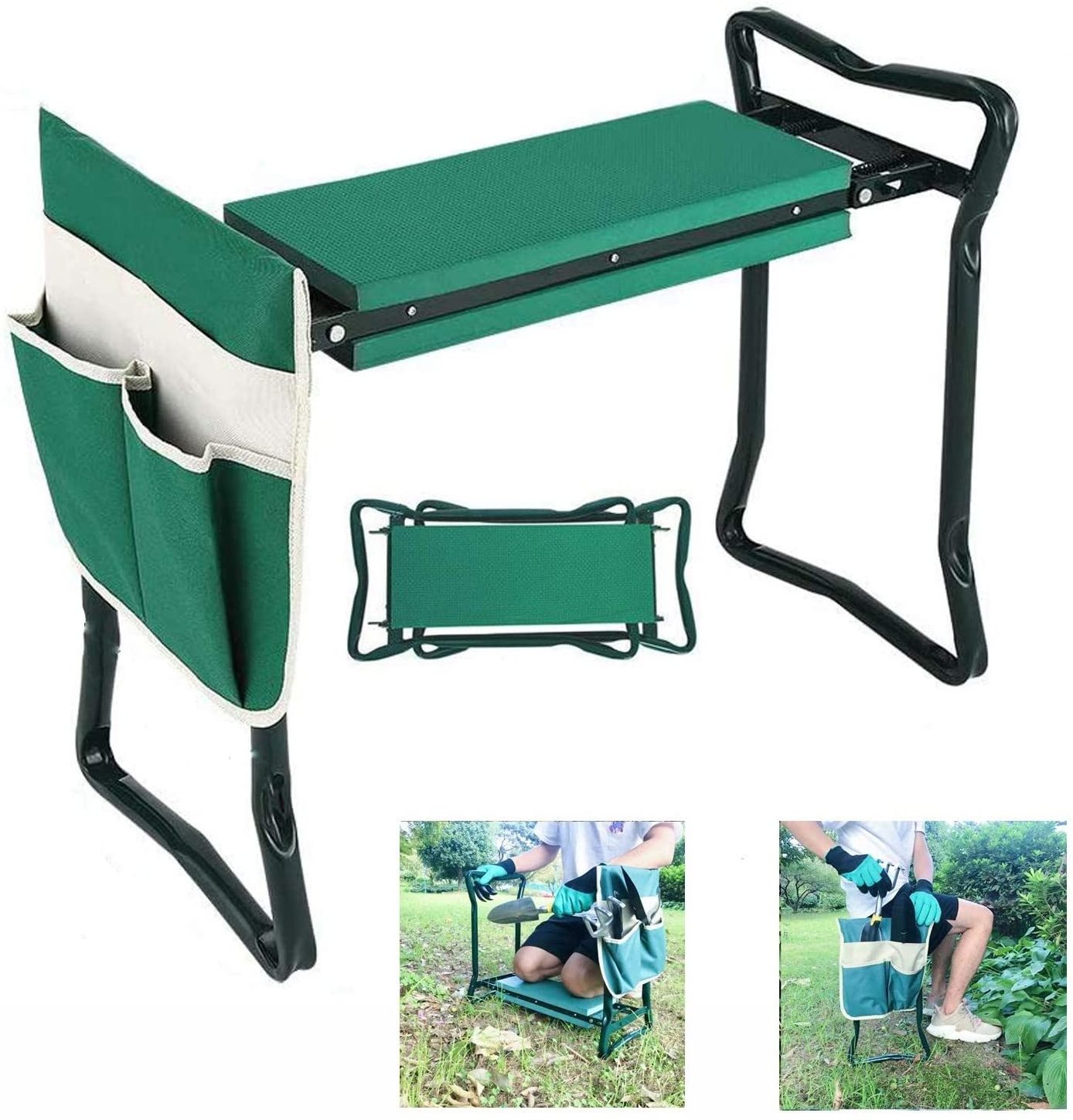 Garden Kneeler and Seat Stool Heavy Duty Garden Folding Bench with Large Tool Pocket and Soft EVA Kneeling Pad