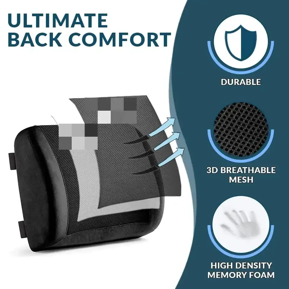 Lumbar Support Back Pillow Office Chair and Car Seat Cushion Memory Foam with Adjustable Strap and Breathable 3D Mesh