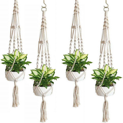 2 Pcs Macrame Plant Hanger with   Beads 4 Legs 4 Indoor Outdoor Hanging Planter Basket Cotton Rope