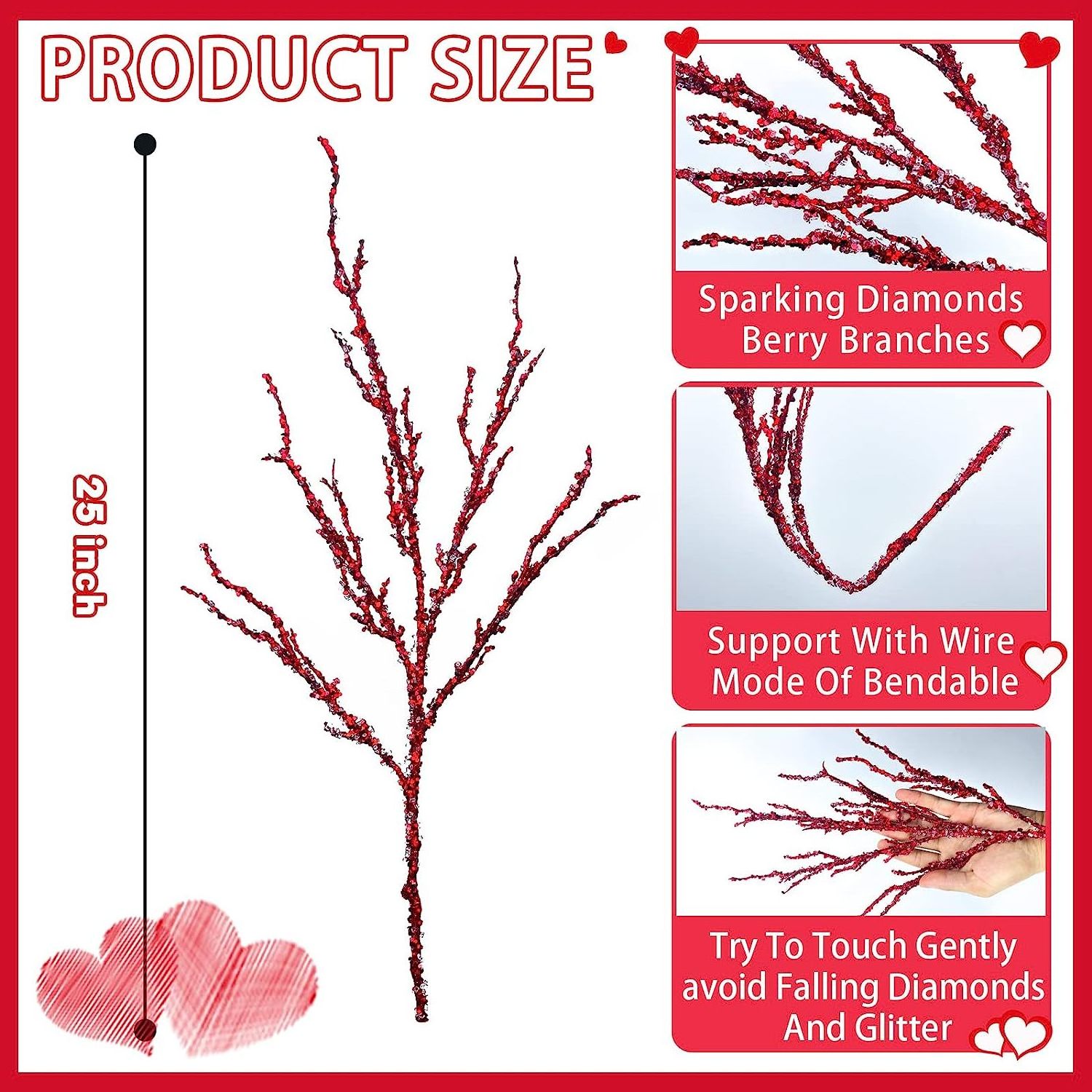 15 Pack Red Glitter Valentines Day Gifts Tree Filler Valentines Day Decor  Valentines Decorations Tree Picks Sprays Stems Branch