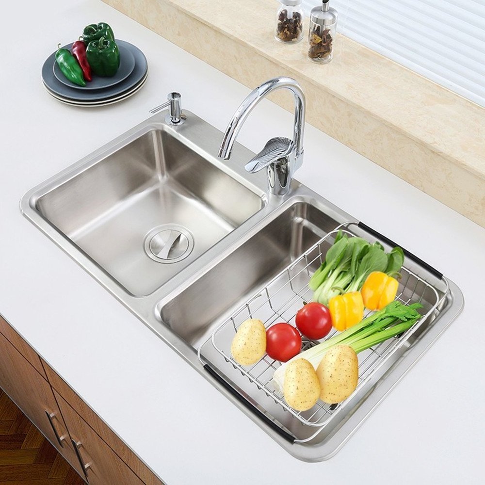 Expandable Deep Dish Drying Rack with Black Utensil Cutlery Holder, Over the Sink, In Sink Or On Counter Dish Drainer