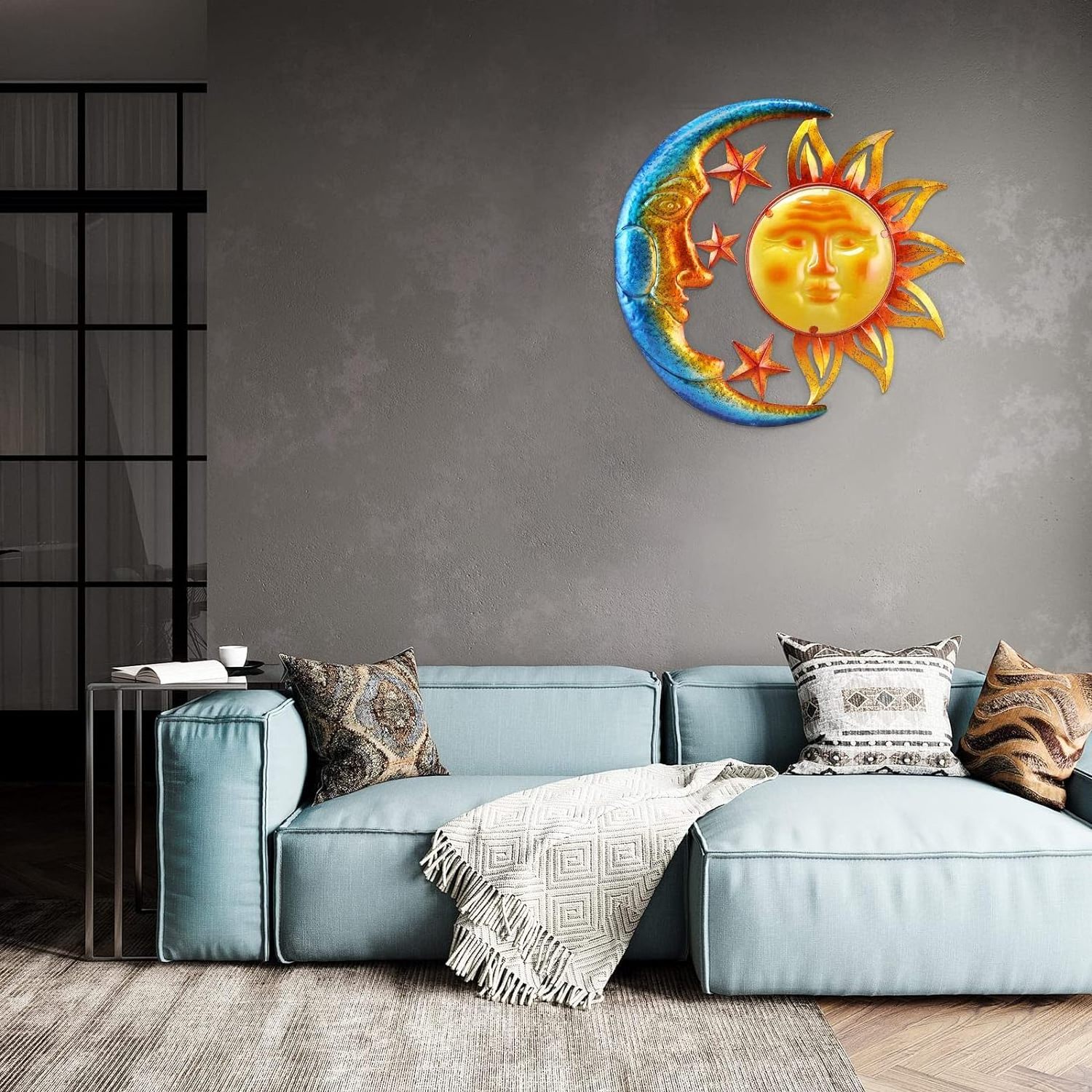 Metal Sun Outdoor Wall Art Decor Large 18 Inch with Moon & Stars, Hanging  Fence Deck Yard Pool Wall Sculpture Decoration